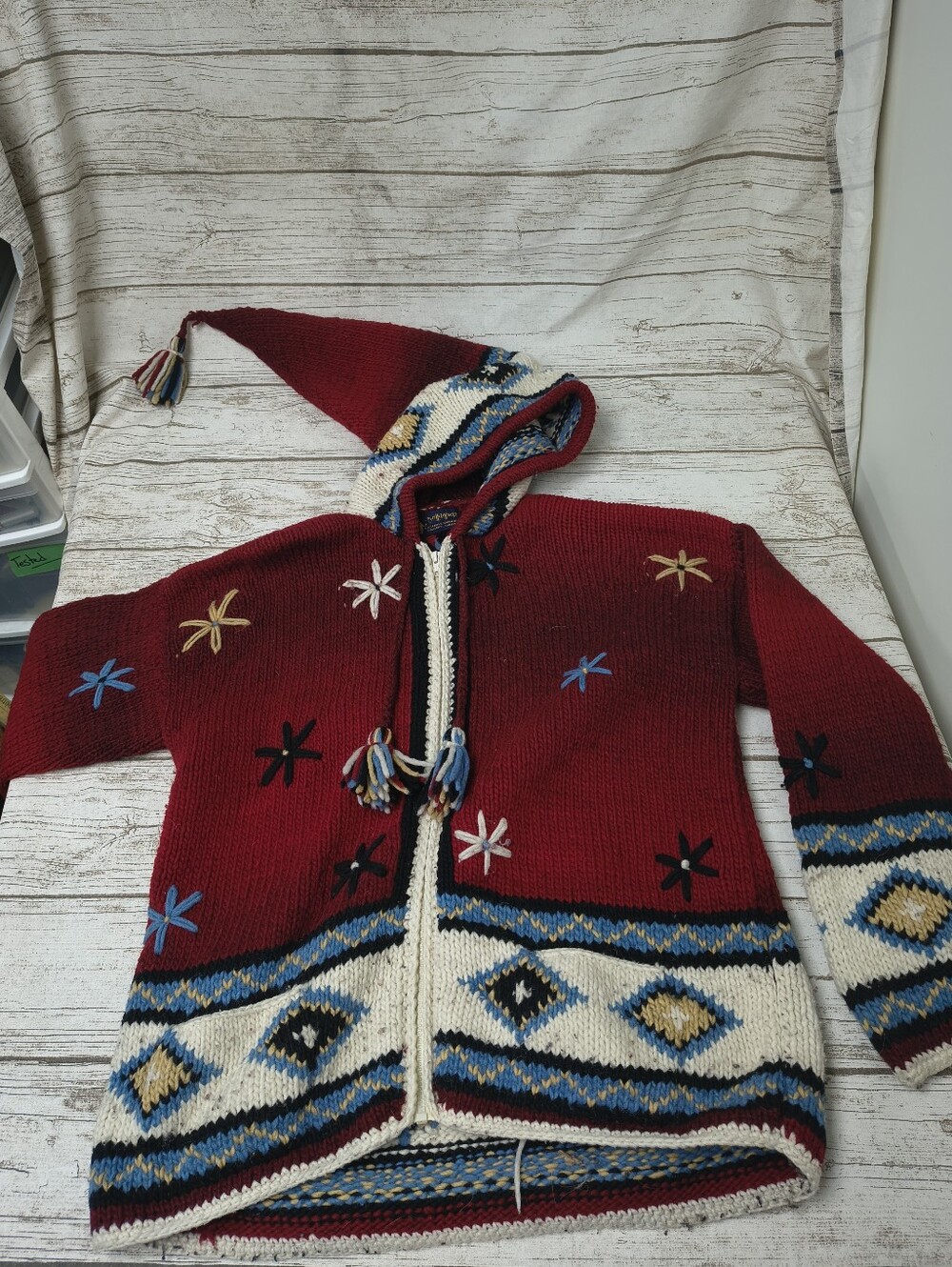 Bolli Imports Red Wool Blend Full Zip Sweater Pointed Long Hood